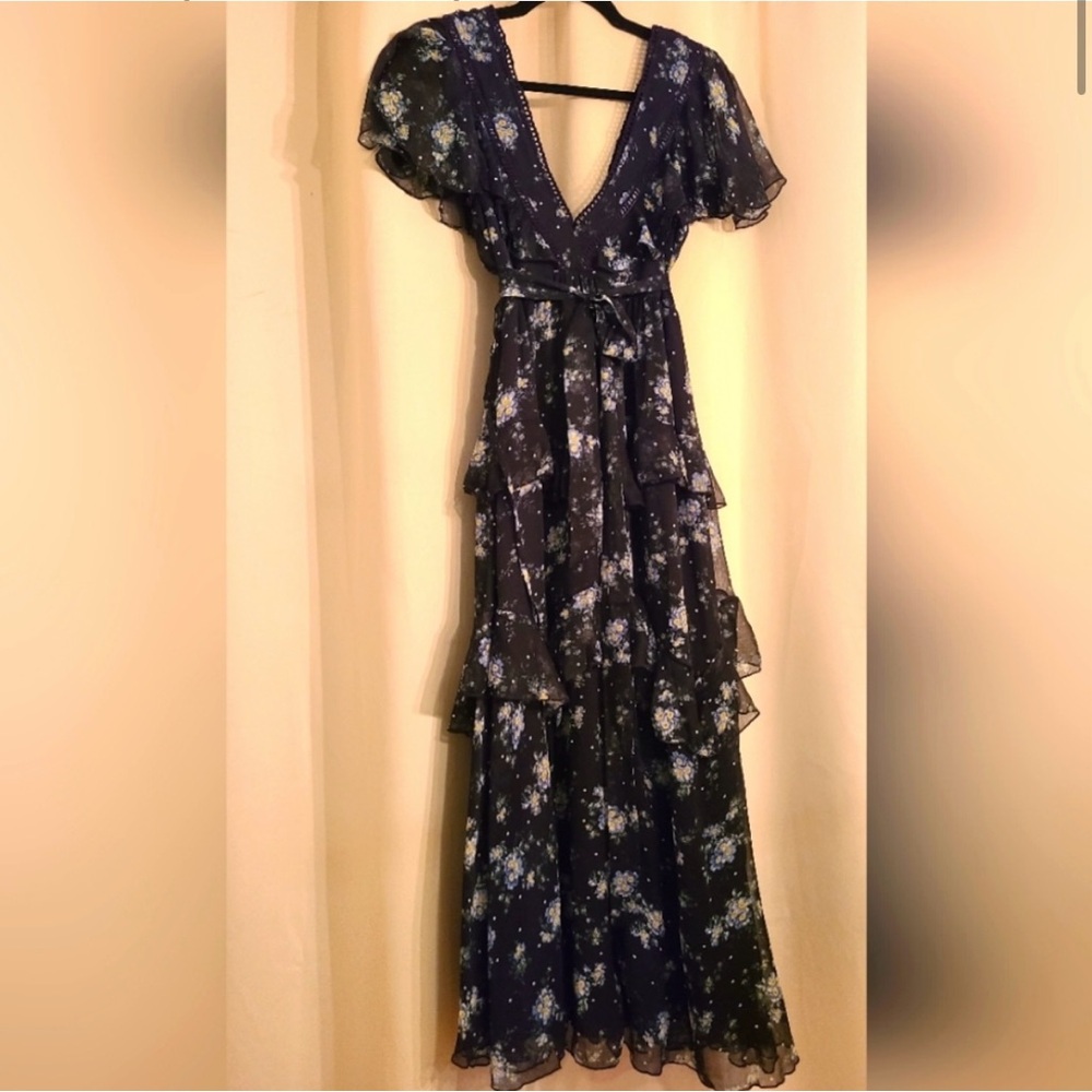 ASOS Blue Tiered Ruffled Maxi Dress V-Neck